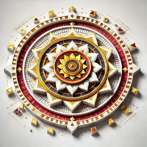 Baglamukhi Yantra featuring a central eight-petal lotus with golden accents, symbolizing divine strength and power. The Yantra includes surrounding geometric patterns with triangles and squares in red and yellow hues, representing protection, focus, and victory over negativity.