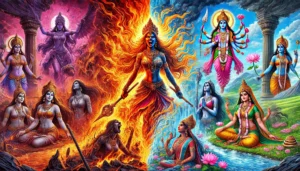 Bhairavi Devi alongside other goddesses from the Dasha Maha Vidyas. Bhairavi is depicted with a fierce expression, holding weapons and surrounded by flames, symbolizing her destructive and protective powers. The goddesses next to her, like Tripura Sundari and Lalita, are calm, serene, and graceful, representing creation, beauty, and nurturing energies. Bhairavi’s background shows a cremation ground, contrasting with the peaceful, lush landscapes behind the other goddesses, visually emphasizing the intense, transformative nature of Bhairavi compared to the gentle aspects of the other Maha Vidyas.