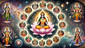 Surrounding her are the other nine goddesses of the Dasha Maha Vidyas, arranged in a circular formation, each embodying their distinct cosmic roles. The background features a cosmic scene filled with stars and nebulae, emphasizing Bhuvaneshwari's connection to the universe and her special place as the cosmic mother within the pantheon of the ten wisdom goddesses.