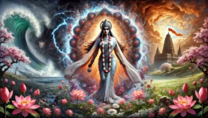 Chinnamasta Devi, one of the Dasha Maha Vidyas, embodying life, death, and transformation. The goddess stands with vibrant cosmic energy radiating from her, without explicit severed head imagery. The background contrasts blooming flowers symbolizing life and a stormy horizon representing death and transformation. Chinnamasta is surrounded by swirling energy, symbolizing renewal, self-sacrifice, and the transcendence of ego. The overall atmosphere is intense, mystical, and spiritual, highlighting her role in the cycle of creation and destruction.