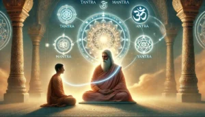  A spiritual illustration depicting the importance of a Guru in Tantra, Mantra, and Yantra practice. At the center, a wise Guru sits in meditation, radiating wisdom and energy, while a disciple sits before the Guru, receiving the transmission of sacred knowledge. Glowing symbols of Tantra (a mandala), Mantra (Sanskrit symbols), and Yantra (geometric patterns) surround the Guru, representing the teachings. Soft rays of light connect the Guru and disciple, illustrating personalized instruction. The serene backdrop, with sacred symbols, reinforces the atmosphere of spiritual learning and divine connection.