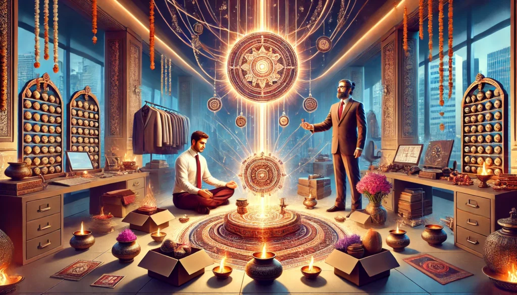 A businessman and a sadhak are performing a pooja together in a business setting, focused on a Yantra placed on a sacred altar. The scene is surrounded by ritual items such as incense, flowers, lamps, and sacred offerings, symbolizing the high level of involvement. The energy radiating from the Yantra is intense, indicating the maximum power at this level. The atmosphere is mystical and spiritually charged, with clear labels marking "Rukshah (Advanced Level)" and highlighting the large number of items involved, including the Yantra, altar, ritual tools, and active participation from both individuals.