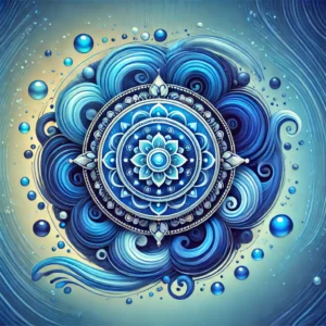 A blue circle Yantra representing fluidity and purification. The perfectly symmetrical circle has soft edges and a central bindu, symbolizing concentrated energy. Subtle wave patterns surround the circle, reflecting its connection to water. The light, watery background enhances the calming blue tones of the Water Yantra.