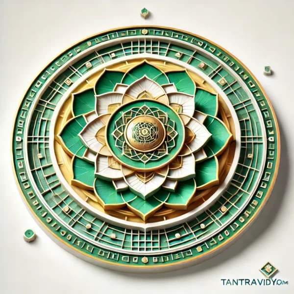 Dhanvantri Yantra with a central lotus surrounded by concentric squares and geometric shapes in green and gold, symbolizing healing, vitality, and divine protection. This Yantra represents the blessings of Dhanvantri, the deity of health and medicine, promoting physical well-being and recovery.