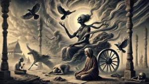 Dhumavati Devi, the widow goddess of misfortune and wisdom in Hinduism, depicted as an elderly, gaunt woman with disheveled hair and tattered clothes, riding a crow-drawn chariot. A smoky aura swirls around her, symbolizing the void and the dissolution of illusions. The background features stormy skies and fallen pillars, representing obstacles and hardships. However, rays of light break through the clouds, symbolizing the wisdom and spiritual growth that emerge from adversity. Devotees kneel in meditation before her, embracing the goddess’s teachings on misfortune as a path to wisdom.