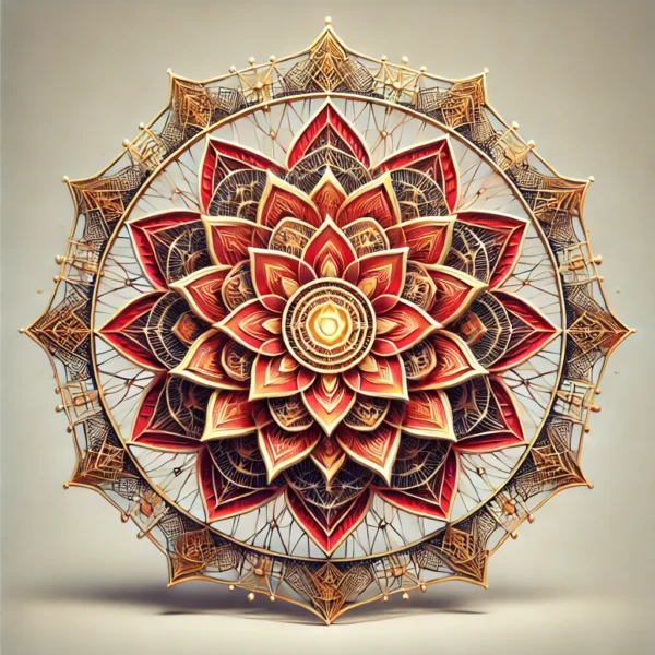 Durga Yantra, featuring a central lotus surrounded by intricate layers of interlocking triangles and circles, symbolizing divine protection, courage, and strength granted by Goddess Durga. The design uses vibrant red and gold, representing empowerment and spiritual protection, with a realistic depth effect.