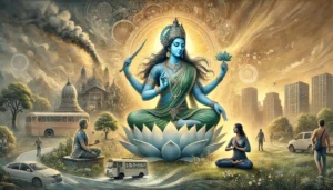 Power of Goddess Tara Devi: Protector and Compassionate 8 At the center, Tara Devi, with blue-green skin, sits on a lotus, radiating calm and light. She holds a sword, symbolizing protection, and a lotus, representing spiritual guidance. Surrounding her are contemporary scenes: a woman meditating, a person in distress finding solace, and a family seeking strength. The background features both urban buildings and serene natural landscapes, symbolizing Tara’s relevance in both urban and rural settings. Soft golden light radiates throughout, representing hope, compassion, and divine guidance in modern crises.