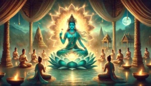 Power of Goddess Tara Devi: Protector and Compassionate 10 Her serene expression and blue-green skin convey peace and strength. In the foreground, devotees are shown meditating and offering prayers, bathed in Tara's protective light. The background features a peaceful temple scene with distant mountains, representing spiritual liberation and inner peace. The overall mood is calm, spiritual, and empowering, with glowing light emphasizing Tara’s energy for protection and spiritual freedom.