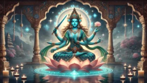 Power of Goddess Tara Devi: Protector and Compassionate 2 She holds a sword and scissors, signifying her ability to cut through ignorance and fear. Surrounding her are glowing stars, representing her name, "Tara," meaning star. Tara Devi expression is both fierce and nurturing, embodying her protective and guiding nature. The serene background showcases a temple-like setting with soft, divine light radiating from her, capturing her role as a compassionate guide and protector offering wisdom and strength to her devotees.