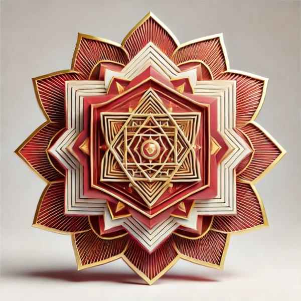 Hanuman Yantra with a central geometric pattern of interlocking triangles and a lotus design, symbolizing strength, courage, and divine protection. The Yantra is predominantly in red and gold, radiating outward with depth to emphasize Hanuman’s power. This Yantra is believed to offer protection from negative forces and enhance resilience and bravery.