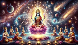  Hindu goddess Bhuvaneshwari seated on a lotus, symbolizing her boundless energy and connection to the cosmos. She radiates light that flows into the vastness of space, surrounded by swirling stars, galaxies, and nebulae. Her serene expression represents cosmic peace, expansion, and spiritual power. Devotees are shown offering candles and flowers, symbolizing the act of embracing her divine energy through ritual. The image embodies spiritual growth, inner freedom, and connection to the infinite universe through Bhuvaneshwari’s boundless energy.