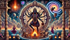 Kali Mata stands boldly in the center with a dark complexion symbolizing the primordial void. In one hand, she holds a severed head, representing the destruction of ego, and in the other, a sword symbolizing the wisdom that cuts through ignorance. Behind her, a cosmic clock symbolizes the relentless passage of time, while swirling stars and galaxies reflect the vastness of the universe. Flames and skulls surround her, signifying death and rebirth, and devotees in meditative postures illustrate transformation. Kali’s third eye glows brightly, embodying spiritual enlightenment and wisdom.