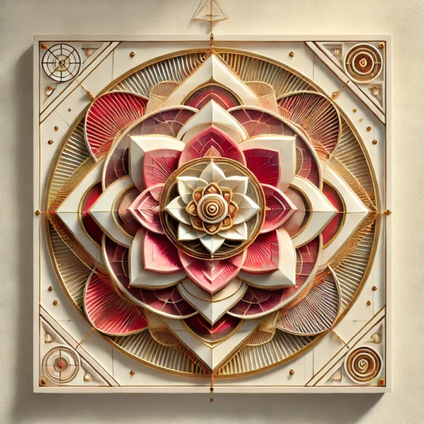 Kamdev Rati Yantra featuring a central lotus with eight petals, surrounded by intricate concentric circles and triangles symbolizing attraction, love, and harmony. The design is highlighted with warm red and pink tones, representing love, while golden accents add a divine touch.