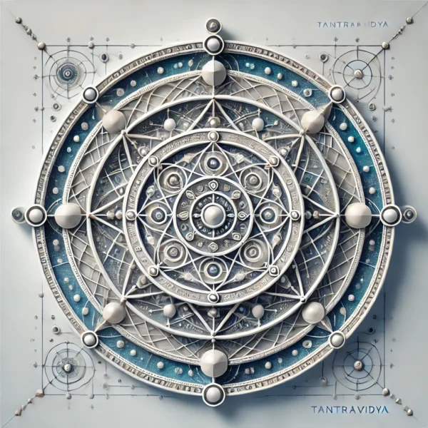 rendered Ketu Yantra with intricate geometric patterns of central circles and interlocking triangles. Designed in light grey and dark blue, it symbolizes detachment, spiritual knowledge, and inner strength. Subtle cosmic patterns in the background enhance its spiritual energy,