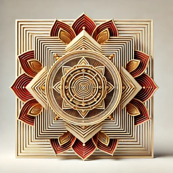 Kubera Lakshmi Yantra with a central square and intricate geometric patterns, symbolizing wealth, abundance, and prosperity. The Yantra features concentric circles and lotus petals in a gold and red color scheme, representing financial growth and material success.