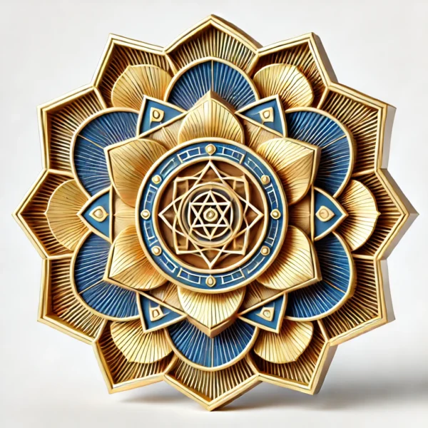 Lakshmi Narayan Yantra with a central design of interlocking triangles and lotus petals, symbolizing harmony, prosperity, and spiritual growth.