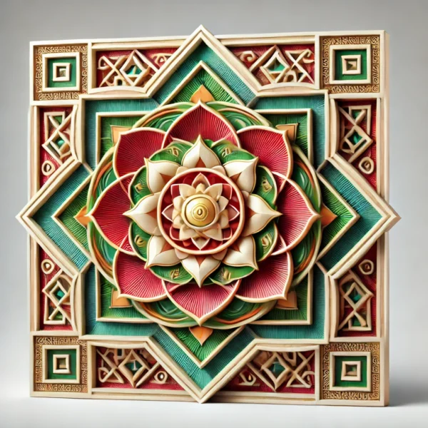 Mahalakshmi Yantra featuring a central golden lotus surrounded by interlocking triangles, symbolizing prosperity, abundance, and blessings from Goddess Lakshmi. The Yantra includes red and green layers to represent wealth and growth, framed by protective outer squares.