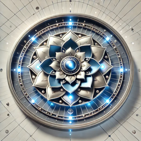 Mahamrityunjaya Yantra featuring a central lotus with eight petals, surrounded by layers of concentric squares and triangles. This Yantra symbolizes protection, healing, and liberation from negative energies. The design has a deep blue and silver color palette with glowing accents, highlighting its association with strength, resilience, and spiritual healing.