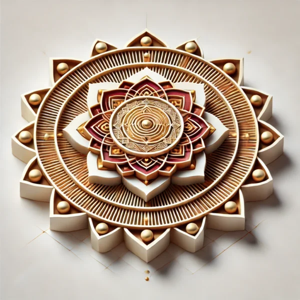 Manokamna Siddhi Yantra with a central lotus and intricate geometric layers, symbolizing the fulfillment of desires and attainment of goals. The Yantra features concentric squares and circles in a golden and red color scheme, representing focused energy and spiritual alignment.