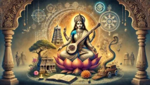 Matangi Devi, seated gracefully on a lotus, holding a veena to represent her connection to creativity, music, and speech. Surrounding her are symbols of wisdom, including books and scrolls, and a glowing yantra that highlights her spiritual power. The background features elements of sacred geometry and nature, with an iconic temple structure representing her famous shrine in Kanchipuram. The overall image radiates a mystical and serene energy, symbolizing Matangi’s mastery over knowledge, wisdom, and the arts in the Dasha Maha Vidyas.