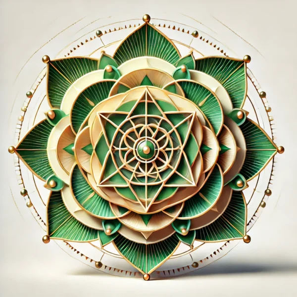 Matangi Yantra with intersecting triangles, lotus petals, and concentric circles. The design features green and gold hues, symbolizing the energies of Matangi for wisdom, creativity, and inner harmony.