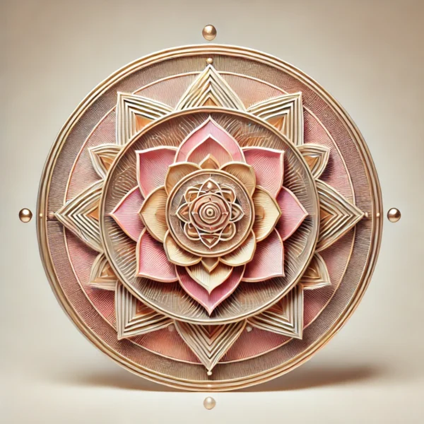 Parvati Vallabh Yantra with a central lotus and concentric geometric layers of triangles and circles, symbolizing harmony, love, and divine unity. The Yantra has a pink and gold color scheme, reflecting the energy of love and blessings from Parvati and Shiva.