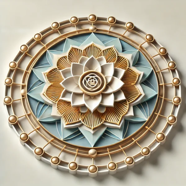 Santan Prapti Yantra with a central lotus symbol surrounded by concentric geometric patterns, representing blessings for progeny and family happiness. The Yantra uses golden hues for divine blessings and soft blue for tranquility. Intricate layers symbolize protection and positive energy for fertility and family harmony.