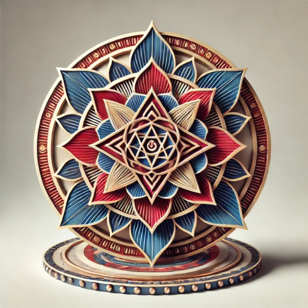 Shiv Shakti Yantra with interlocking upward and downward triangles, symbolizing the union of Shiva and Shakti for harmony and divine energy. The design includes concentric lotus petals and outer circles in red, blue, and gold, emphasizing spiritual balance and transformation.