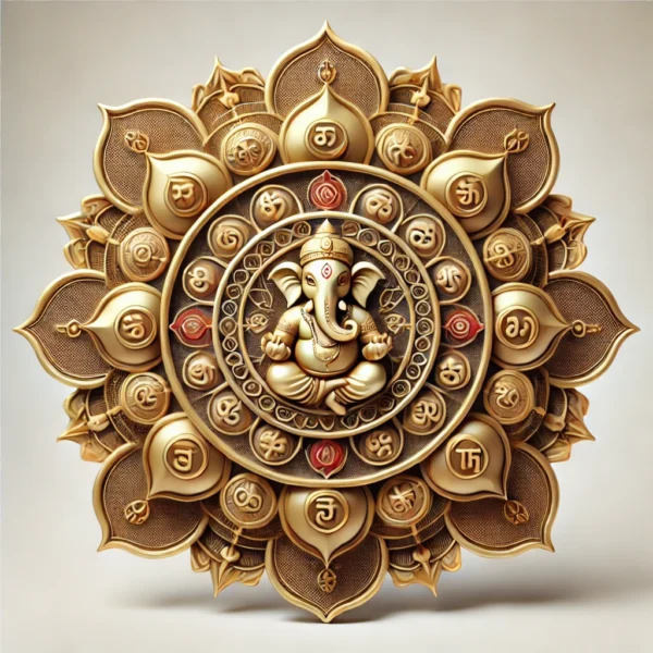 Shodash Ganapati Yantra featuring a central lotus with sixteen petals, each symbolizing an aspect of Lord Ganesha's blessings for success, wisdom, and protection. The Yantra uses golden tones for the petals with red accents, representing divine prosperity and the removal of obstacles.