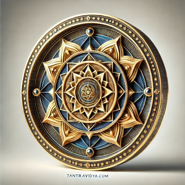 Sudarshan Chakra Yantra featuring concentric circles with sharp-edged designs, symbolizing divine protection, strength, and spiritual defense. The central geometric pattern has a glowing effect, signifying the removal of negative energies.