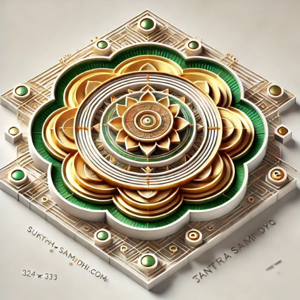 Sukh Samridhi Yantra, symbolizing happiness, prosperity, and harmony within the family. The Yantra has a central lotus surrounded by multiple layers of concentric circles and squares, each representing blessings for well-being and growth.