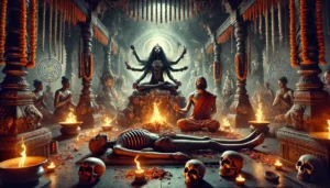 A central figure performs Shava Sadhana, meditating on a corpse, symbolizing detachment from the physical body and fear of death. The scene is surrounded by offerings like skulls, flowers, incense, and oil lamps, with a mystical atmosphere filled with transformative energy. Kali’s faint, spiritual form is subtly visible, emanating power. In the background, devotees chant mantras, deepening the sacred, transformative ambiance of the ritual.