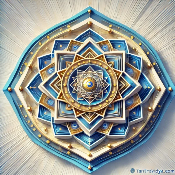 Vishnu Yantra featuring interlocking triangles and concentric circles, symbolizing divine protection, balance, and harmony. The Yantra uses blue and gold hues to represent peace, stability, and cosmic order.