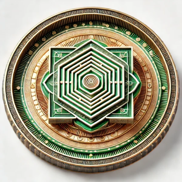 Vyapar Vridhi Yantra, featuring a central geometric square surrounded by concentric circles and detailed patterns. The design uses green and gold tones to symbolize growth, prosperity, and success in business.