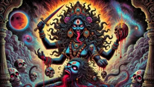 Kali Mata stands with dark skin and wild flowing hair, adorned with a garland of skulls. She wields a sword in one hand and holds a severed head in the other, symbolizing the destruction of ego and ignorance. Her outstretched tongue and blood-stained mouth highlight her fierce nature and the consumption of negativity. Surrounding her are flames and smoke, symbolizing destruction, while the swirling cosmic background reflects the primordial darkness from which creation arises. Kali stands victorious over a demon, representing her role as the destroyer of evil and liberator of souls.