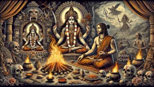 tantric practices associated with Bhairavi Sadhana. A practitioner is shown meditating near a sacred fire, surrounded by offerings like flowers and incense. Bhairavi Devi appears in the background with a fierce, protective aura, holding weapons and adorned with skulls, symbolizing her powers of destruction and purification. The scene is set in a secluded area resembling a cremation ground, enhancing the mystical and intense atmosphere. Elements of mantra chanting and yagna rituals are also incorporated, representing the spiritual discipline and transformative nature of Bhairavi Sadhana.