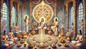  tantric rituals of Kamala, focusing on Kamala Sadhana. A sacred space is depicted with devotees gathered around a Kamala Yantra placed on an altar, surrounded by offerings such as flowers, fruits, incense, and lamps. A meditative figure is seen chanting mantras, and the serene presence of goddess Kamala appears in the background, exuding spiritual energy and material wealth. The atmosphere is sacred, peaceful, and filled with devotion, showcasing the transformative power of Kamala Sadhana.