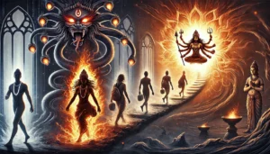 transformative spiritual journey with Bhairavi. A devotee walks along a path filled with flames, representing obstacles being destroyed by Bhairavi’s energy. Bhairavi, in her fierce form with fiery eyes and weapons, stands at the end of the path, guiding the devotee toward liberation. The background transitions from darkness to light, symbolizing purification, spiritual awakening, and enlightenment. The image emphasizes Bhairavi’s power in destroying ignorance, offering protection, and leading devotees through a transformative spiritual journey.