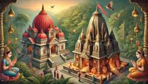 two temples dedicated to goddess Kamala Devi. The Kamakhya Temple in Assam features a prominent red dome with intricate carvings, surrounded by lush greenery, and pilgrims offering prayers and performing rituals. The smaller Kamala Devi Temple in Guwahati is shown in a peaceful setting with devotees lighting lamps and offering flowers. Both temples reflect traditional Hindu and tantric architecture, creating a serene and spiritual atmosphere, emphasizing the devotion of worshippers to the goddess.