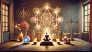  alignment with justice and resilience through yantras. Powerful yantras, including the Shree Yantra and Kali Yantra, are displayed on an altar beside symbols of justice like scales. A radiant light encircles the yantras, representing protection and inner strength, with gentle glowing lines connecting them to an individual in meditation, portraying focus and resilience. The background, filled with calming colors and spiritual elements like incense and flowers, highlights yantras as tools for empowerment, justice, and personal resilience.