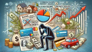 the common causes of money issues despite a high salary. A person with a high paycheck appears stressed, surrounded by piling bills, credit card debts, and expenses. Symbols of financial challenges, including a declining savings chart, high-interest debts, luxury spending, and unexpected costs, surround them. The background depicts a chaotic financial scene with items like bank statements, shopping bags, and overdue bills, emphasizing the struggle of managing finances effectively even with a substantial income.