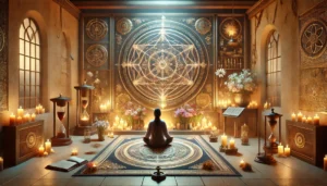 daily practices and rituals for effective Yantra meditation. A calm meditation space features a central yantra, surrounded by candles, flowers, and incense. A person sits cross-legged, focusing on the yantra with an expression of tranquility and deep concentration. A small altar with essential oils, a bell, and a journal for mindfulness practices enhances the scene. The warm, soft lighting emphasizes spiritual clarity and the peaceful atmosphere, capturing the essence of focused, daily ritual in yantra meditation.