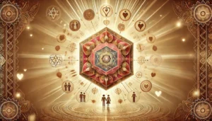 the role of Yantras in enhancing love and relationships. At the center is a beautifully designed, geometric Yantra symbol, surrounded by soft, warm hues representing harmony and positive energy. Light rays emanate from the Yantra, symbolizing spiritual connection, while small elements like intertwined hands reflect unity and closeness. The background features subtle mandalas and sacred symbols, creating a serene atmosphere that emphasizes the use of Yantras to foster love, connection, and peace in relationships.